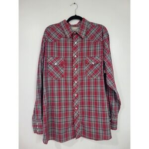 FRONTIER Western  Pearl Snap Dark Red Plaid Long Sleeve Shirt XL